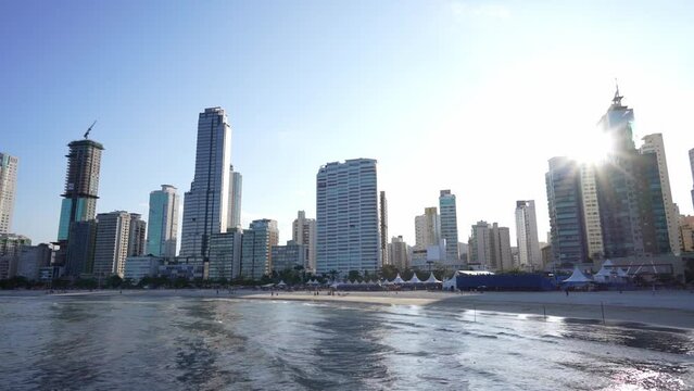 Balneario Camboriu skyscrapers and promenade from the sea, Santa Catarina, Brazil