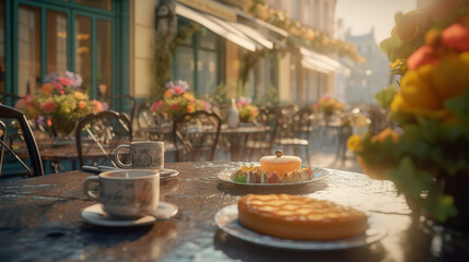 Empty fancy european cafe street terrace with coffee and cookies