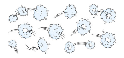 Comic speed effect, cartoon jump cloud, doodle smoke or dust, whoosh wind and trail, poof and puff, blue air ring, power gas balloon set isolated on white background. Explosion illustration