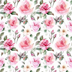 Seamless pattern with many pink roses in watercolor style. Generative AI.
