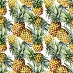 Fototapeta premium Abstract seamless pattern with many pineapples on white background in watercolor style. Generative AI.