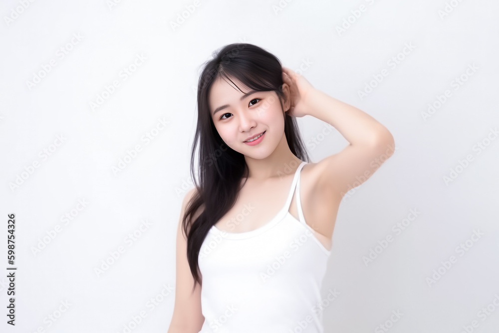 Wall mural portrait of cute asian woman, she raises her arm to show her smooth armpit skin and looks at the cam