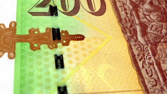 North Macedonia Macedonian Denar 200 Banknotes, Two Hundred Macedonian Denar, Close-up and macro view of the Macedonian Denar, Tracking and Dolly Shots 200 Macedonian Denar banknote