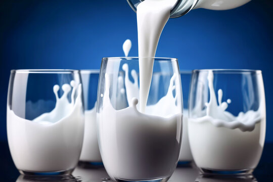 World milk day celebration illustration of fresh milk being poured into some glasses on a gradient blue background generative AI illustration - Powered by Adobe