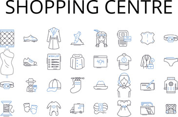 Shopping centre line icons collection. Retail complex, Marketplace, Mall plaza, Trade center, Bazaar hub, Mercantile district, Commercial enclave vector and linear illustration. Generative AI
