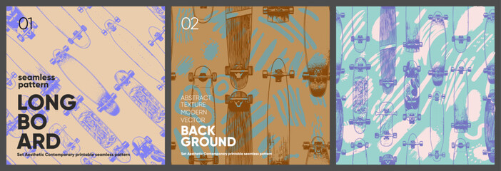 Skateboards and longboards. A set of vector seamless patterns. Trending illustrations for t-shirt prints, posters, labels, music covers. © Molibdenis-Studio