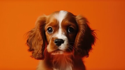 Cute spaniel puppy on orange background with copy space, banner Generative AI