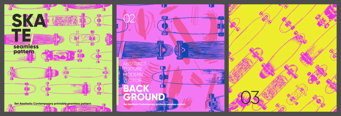 Skateboards and longboards. A set of vector seamless patterns. Trending illustrations for t-shirt prints, posters, labels, music covers. © Molibdenis-Studio