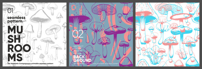 Mushrooms. A set of vector seamless patterns. Trending illustrations for t-shirt prints, posters, labels, music covers.