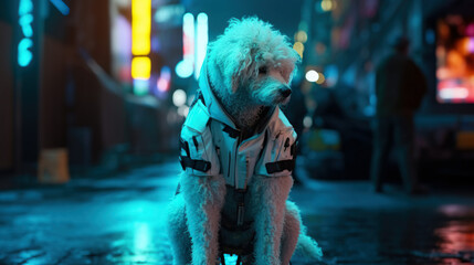 Obraz na płótnie Canvas cute white puppy dog with futuristic combat suit on cyberpunk neon city street, Generative AI