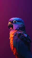 Naklejka premium Cute colourful parrot on a purple background close up Generative AI