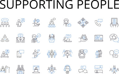 Supporting people line icons collection. Helping others, Assisting individuals, Aiding humanity, Encouraging people, Empowering individuals, Supporting society, Boosting morale vector Generative AI