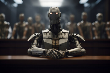 Fototapeta na wymiar A robotic figure stands before a panel of judges, its hyper-realistic features and movements indistinguishable from those of a human.