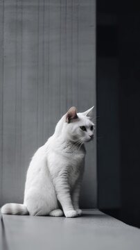 White cat, minimalism on a grey background wall with free space Generative AI