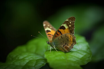 Fototapeta na wymiar Close up of a butterfly on a green leaf. AI generated content
