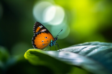 Fototapeta na wymiar Close up of a butterfly on a green leaf. AI generated content