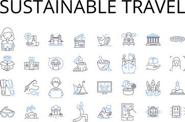 Sustainable travel line icons collection. Eco-friendly tourism, Responsible tourism, Green travel, Low-impact tourism, Climate-neutral travel, Regenerative travel, Conservation-focused Generative AI