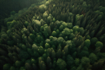 Fototapeta na wymiar aerial top down view of a green forest, drone view, natural green background. AI generated content