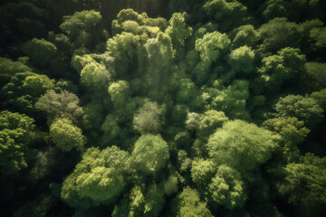 Naklejka na ściany i meble aerial top down view of a green forest, drone view, natural green background. AI generated content