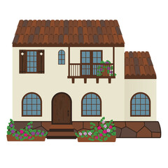 House with a tiled roof and lattice windows, vector image on a white background