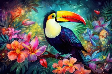Rainbow toucan witting on the tree, close up, colorful background Generative AI - obrazy, fototapety, plakaty
