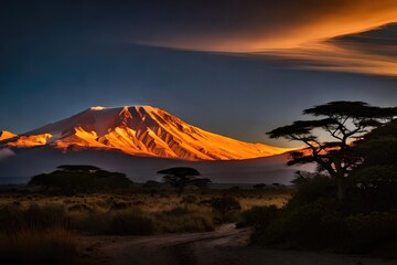 Mount Kilimanjaro and clouds line at sunset, view from savanna landscape in Amboseli, Kenya, Africa