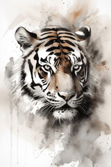 Portrait  Of A Tiger With Watercolor Splashes, In The Style Of Dark White And Bronze