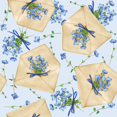 pattern of beige envelopes with bouquet of myosotis
