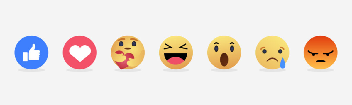 Social media reactions emojis, Thumb up Like, Love Heart, Hug emoji, Haha laughing, surprised emoji, Sad crying, angry, 3D vector emoticons.
