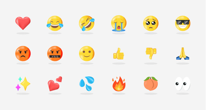 Pack of most use Emoticons, Heart, Laugh, ROLF, Cry, Sad, Angry, Thumb up down, Peach, fire, Sparkles, Most use emoji vector emoticons.