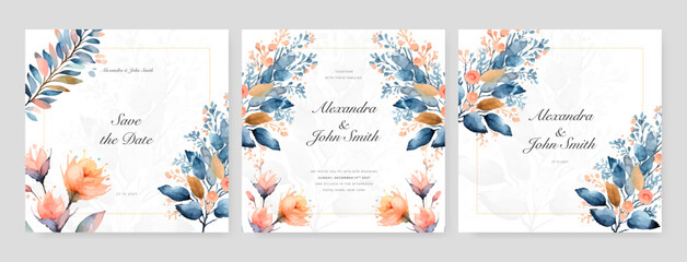 Pink blue rose floral flower vector beautiful gold flowers line art on wedding card template watercolor