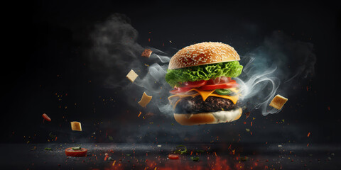 fresh beef cheeseburger sandwich with flying ingredients and spices hot ready to serve and eat with copyspace area - Generative AI - obrazy, fototapety, plakaty