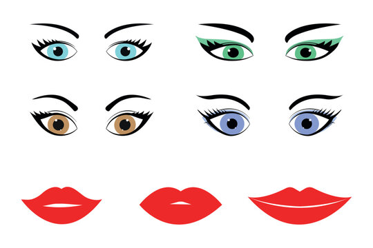 Set of different human eyes, eyebrows and lips, cartoon girl face elements. Vector illustration