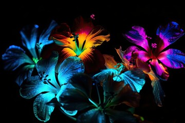 Obraz na płótnie Canvas Bioluminescent colorful tropical flowers on black background. AI generative