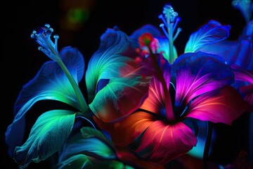 Obraz premium Bioluminescent colorful tropical flowers on black background. AI generative