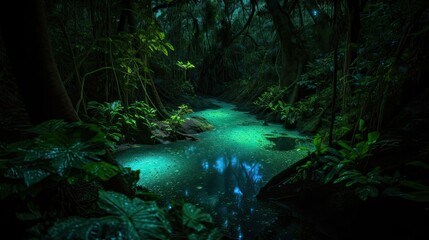 Night in a bioluminescent magic tropical forest. AI generative