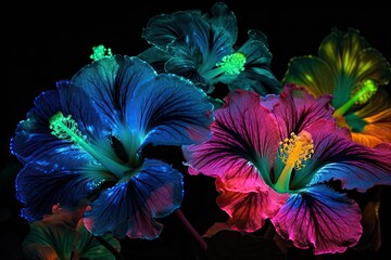 Bioluminescent colorful tropical flowers on black background. AI generative