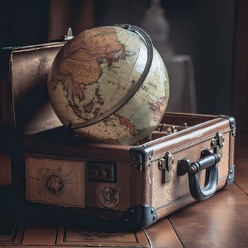 Old suitcases maps and the globe - the notion of travel relocation and expat life. AI generative