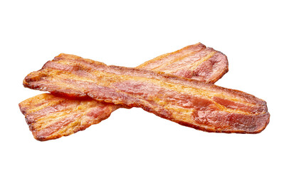 two fried bacon strips isolated on white background. bacon isolated on white background. Crispy  fried bacon pieces close up.