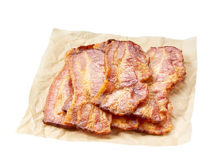 fried bacon strips on a parchment isolated on white background.