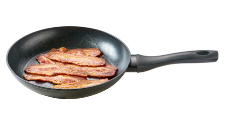 full frying pan of fried bacon isolated on white background. Macro photo of bacon being fried in a pan.