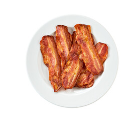 white plate with fried bacon isolated on white background. Top view. Plate with fried bacon on white background.