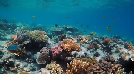 Naklejka na ściany i meble coral reefs on the bottom of the clear sea, generative ai