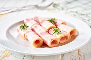 Rolls of smoked bacon and rosemary in a plate on a white table.