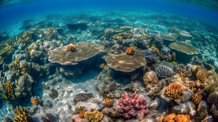 Naklejka na ściany i meble coral reefs on the bottom of the clear sea, generative ai