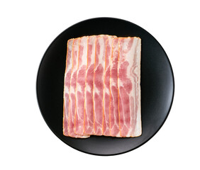 Smoked bacon strips in a black plate isolated on white background, top view.