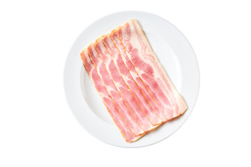 Smoked bacon strips in a white plate isolated on white background, top view.