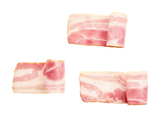 Smoked bacon slices isolated, top view.