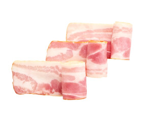 Smoked bacon slices isolated, top view.