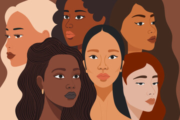 Six attractive women. Different hairstyles, skin tones - afro, curly, long hair. Beautiful strong people, sisters. The concept of feminism, equality, rights.